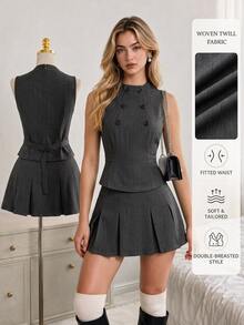Elamini Women's Sleeveless Button Design Waist-Cinching Top And Pleated Skirt Suit Set - Dark Grey - View 1