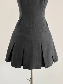 Elamini Women's Sleeveless Button Design Waist-Cinching Top And Pleated Skirt Suit Set - Dark Grey - View 6