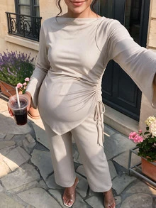 Momance Maternity 2-delat set med topp och byxor i enfärgad grå, sidodragsko, asymmetrisk fåll, elegant casual för höstfotografering - Grå - Visa 7