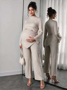 Momance Maternity 2-delat set med topp och byxor i enfärgad grå, sidodragsko, asymmetrisk fåll, elegant casual för höstfotografering - Grå - Visa 1