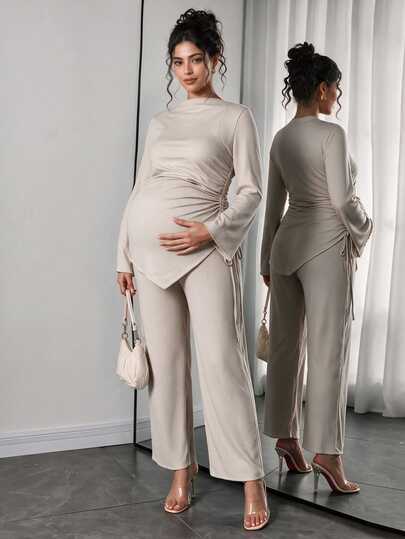 Momance Maternity Solid Color Side Drawstring Asymmetric Hem Top And Pants 2 Pieces Set Fall