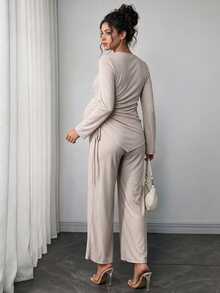 Momance Maternity 2-delat set med topp och byxor i enfärgad grå, sidodragsko, asymmetrisk fåll, elegant casual för höstfotografering - Grå - Visa 3
