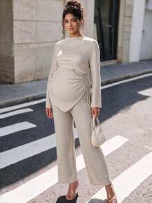 Momance Maternity 2-delat set med topp och byxor i enfärgad grå, sidodragsko, asymmetrisk fåll, elegant casual för höstfotografering - Grå - Visa 9