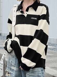 FRIFUL Women's Autumn Clothing Small Letter Decor Wide Stripe Sweatshirt - Black and White - View 6