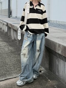 FRIFUL Women's Autumn Clothing Small Letter Decor Wide Stripe Sweatshirt - Black and White - View 4