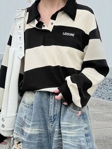 FRIFUL Women's Autumn Clothing Small Letter Decor Wide Stripe Sweatshirt - Black and White - View 7