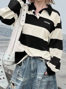 FRIFUL Women's Autumn Clothing Small Letter Decor Wide Stripe Sweatshirt - Black and White - View 1