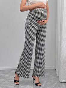 Momance 孕婦居家休閒保暖內裡白色格紋直筒長褲 - 黑與白 - 查看 3