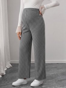Momance 孕婦居家休閒保暖內裡白色格紋直筒長褲 - 黑與白 - 查看 1