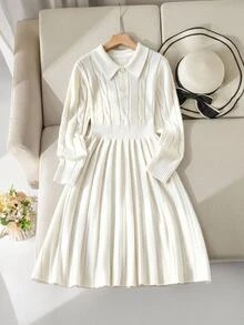 Tween Girls White Knit Sweater Dress, Polo Neck,Cable Texture,Long Sleeve, Back To School Clothes Girls , Autumn/Winter - White - View 4