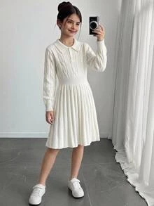 Tween Girls White Knit Sweater Dress, Polo Neck,Cable Texture,Long Sleeve, Back To School Clothes Girls , Autumn/Winter - White - View 10