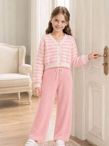 SHEIN Fall Clothes Winter Tween Girls Pink Long Sleeve Striped Color Block Sweater & Skirt Set, Back To School, Cozy Soft, Festival Outfits Christmas - Pink - View 4