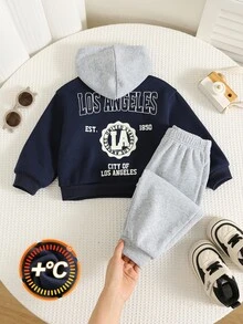 SHEIN 中性嬰兒男/女嬰 2件組秋冬保暖內裡加厚休閒可愛連帽衛衣套裝，嬰兒冬季套裝，運動服，慢跑褲 - 藏蓝色 - 查看 6