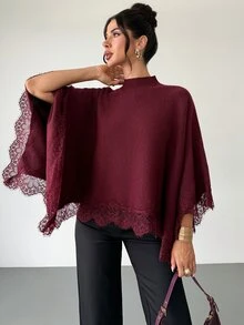 Firerie ملابس علوية نسائية فضفاضة بلون أحمر كلاريت أنيق مع تفاصيل دانتيل معقدة وياقة وهمية كلاسيكية، مناسبة للاستخدام اليومي في الشتاء والخريف، أنيقة ورسمية وأساسية - أحمر بنفسجي - مشاهدة 7