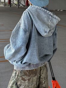 FRIFUL Women's Casual Hooded Denim Jacket, Autumn - Blue - View 2
