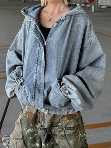 FRIFUL Women's Casual Hooded Denim Jacket, Autumn - Blue - View 7