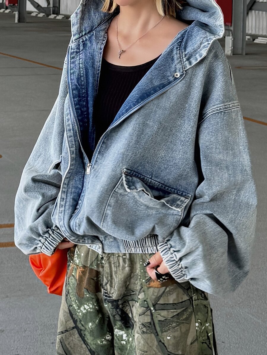 FRIFUL Women's Casual Hooded Denim Jacket, Autumn - Blue - View 1