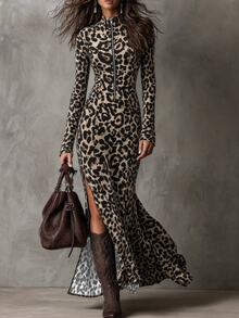 SHEIN Women's Autumn/Winter Casual Elegant Leopard Print Knit Fitted Long Sleeve High Slit Dress - Brown - View 3