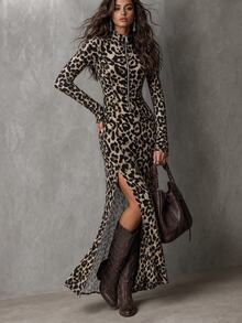 SHEIN Women's Autumn/Winter Casual Elegant Leopard Print Knit Fitted Long Sleeve High Slit Dress - Brown - View 5