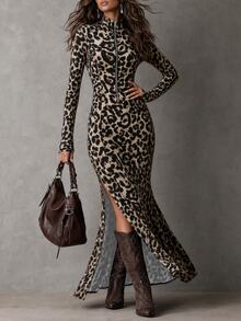 SHEIN Women's Autumn/Winter Casual Elegant Leopard Print Knit Fitted Long Sleeve High Slit Dress - Brown - View 4