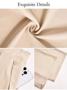 SOLERSUN Celana Panjang Wanita Musim Panas dan Gugur Elegan Pinggang Tinggi Lipit Depan Kaki Lebar dengan Dekorasi Samping dan Saku untuk Sehari-hari dan Kantor - Khaki - View 9