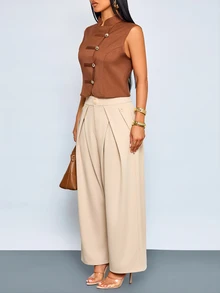 SOLERSUN Celana Panjang Wanita Musim Panas dan Gugur Elegan Pinggang Tinggi Lipit Depan Kaki Lebar dengan Dekorasi Samping dan Saku untuk Sehari-hari dan Kantor - Khaki - View 4