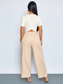 SOLERSUN Celana Panjang Wanita Musim Panas dan Gugur Elegan Pinggang Tinggi Lipit Depan Kaki Lebar dengan Dekorasi Samping dan Saku untuk Sehari-hari dan Kantor - Khaki - View 3