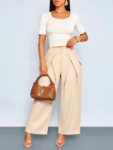 SOLERSUN Celana Panjang Wanita Musim Panas dan Gugur Elegan Pinggang Tinggi Lipit Depan Kaki Lebar dengan Dekorasi Samping dan Saku untuk Sehari-hari dan Kantor - Khaki - View 8
