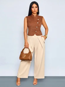 SOLERSUN Celana Panjang Wanita Musim Panas dan Gugur Elegan Pinggang Tinggi Lipit Depan Kaki Lebar dengan Dekorasi Samping dan Saku untuk Sehari-hari dan Kantor - Khaki - View 7