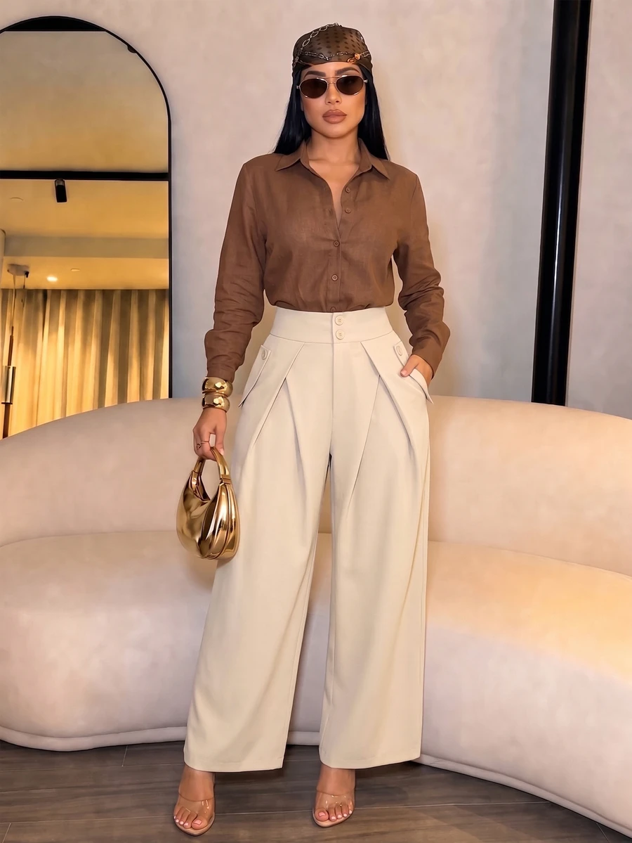 SOLERSUN Celana Panjang Wanita Musim Panas dan Gugur Elegan Pinggang Tinggi Lipit Depan Kaki Lebar dengan Dekorasi Samping dan Saku untuk Sehari-hari dan Kantor