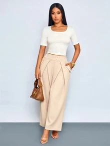 SOLERSUN Celana Panjang Wanita Musim Panas dan Gugur Elegan Pinggang Tinggi Lipit Depan Kaki Lebar dengan Dekorasi Samping dan Saku untuk Sehari-hari dan Kantor - Khaki - View 5