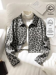 SHEIN Jaket Denim Lengan Panjang Motif Leopard untuk Anak Perempuan Remaja, Pakaian Musim Gugur dan Musim Dingin Kasual - MultiWarna - View 3