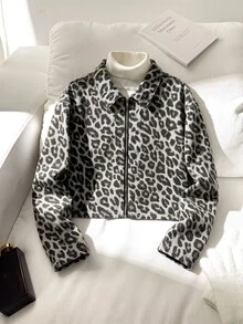 SHEIN Jaket Denim Lengan Panjang Motif Leopard untuk Anak Perempuan Remaja, Pakaian Musim Gugur dan Musim Dingin Kasual - MultiWarna - View 9