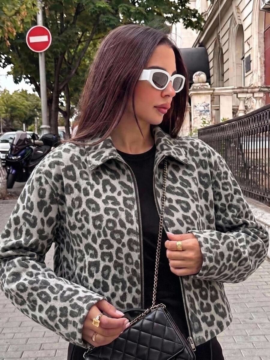 SHEIN Jaket Denim Lengan Panjang Motif Leopard untuk Anak Perempuan Remaja, Pakaian Musim Gugur dan Musim Dingin Kasual - MultiWarna - View 1