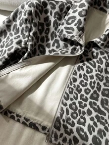 SHEIN Jaket Denim Lengan Panjang Motif Leopard untuk Anak Perempuan Remaja, Pakaian Musim Gugur dan Musim Dingin Kasual - MultiWarna - View 5