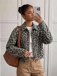 SHEIN Jaket Denim Lengan Panjang Motif Leopard untuk Anak Perempuan Remaja, Pakaian Musim Gugur dan Musim Dingin Kasual - MultiWarna - View 2