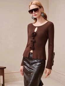 Arave Atasan Rajut Wanita Slim Fit, Kain Rajut, Kancing Mutiara, Potongan Depan, Manset Berlipit, Warna Cokelat Polos Elegan, Pakaian Musim Gugur untuk Wanita - Coffee Brown - View 10