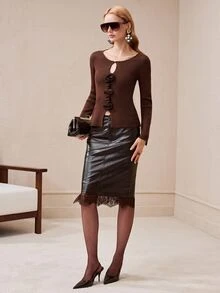 Arave Atasan Rajut Wanita Slim Fit, Kain Rajut, Kancing Mutiara, Potongan Depan, Manset Berlipit, Warna Cokelat Polos Elegan, Pakaian Musim Gugur untuk Wanita - Coffee Brown - View 7