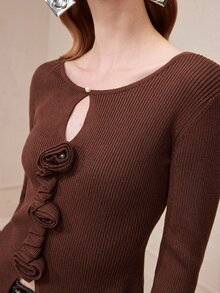 Arave Atasan Rajut Wanita Slim Fit, Kain Rajut, Kancing Mutiara, Potongan Depan, Manset Berlipit, Warna Cokelat Polos Elegan, Pakaian Musim Gugur untuk Wanita - Coffee Brown - View 8