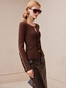 Arave Atasan Rajut Wanita Slim Fit, Kain Rajut, Kancing Mutiara, Potongan Depan, Manset Berlipit, Warna Cokelat Polos Elegan, Pakaian Musim Gugur untuk Wanita - Coffee Brown - View 11