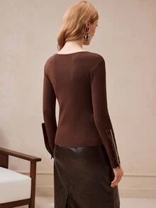 Arave Atasan Rajut Wanita Slim Fit, Kain Rajut, Kancing Mutiara, Potongan Depan, Manset Berlipit, Warna Cokelat Polos Elegan, Pakaian Musim Gugur untuk Wanita - Coffee Brown - View 5
