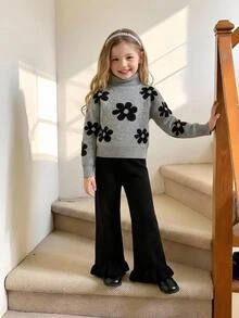 SHEIN Fall Clothes Winter Toddler Girl Grey Long Sleeve Jacquard Floral Sweater & Skirt Set, Back To School, Cozy Soft, Festival Outfits Christmas Pullover - Grey - View 11