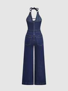 Jeanoix Women's Loose Denim Tie-Waist Jumpsuit - Blue - View 8