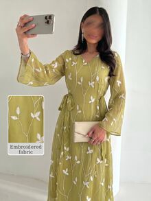 Yasveil 女士春夏绿色编织刺绣长袖系腰A字优雅浪漫阿拉伯连衣裙 - 綠色 - 查看 8