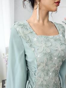 Yasveil Gaun Abaya Wanita Leher Persegi dengan Bordir Patchwork dan Pinggang yang Dikencangkan, Musim Semi/Panas - Hijau - View 7