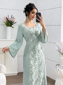 Yasveil Gaun Abaya Wanita Leher Persegi dengan Bordir Patchwork dan Pinggang yang Dikencangkan, Musim Semi/Panas - Hijau - View 5