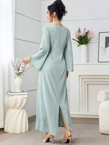 Yasveil Gaun Abaya Wanita Leher Persegi dengan Bordir Patchwork dan Pinggang yang Dikencangkan, Musim Semi/Panas - Hijau - View 4