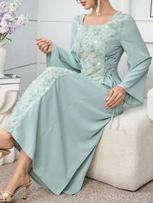 Yasveil Gaun Abaya Wanita Leher Persegi dengan Bordir Patchwork dan Pinggang yang Dikencangkan, Musim Semi/Panas - Hijau - View 8
