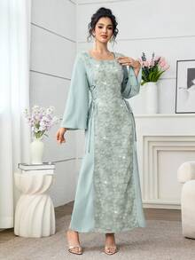Yasveil Gaun Abaya Wanita Leher Persegi dengan Bordir Patchwork dan Pinggang yang Dikencangkan, Musim Semi/Panas - Hijau - View 6
