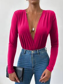 EURMUSE Solid Plunging Neck Fold Pleated Bodysuit - Pink - View 3